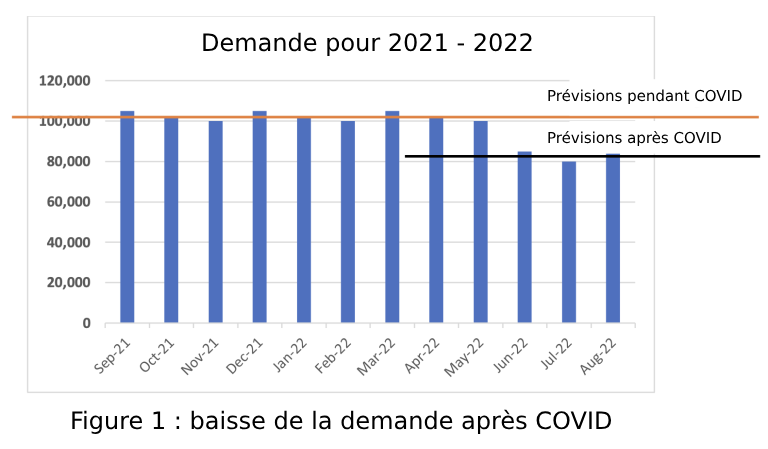 schéma de la demande liée à la COVID-19 (basé sur des données réelles) que nous avons relevé chez nos clients entre septembre 2021 et mai 2022