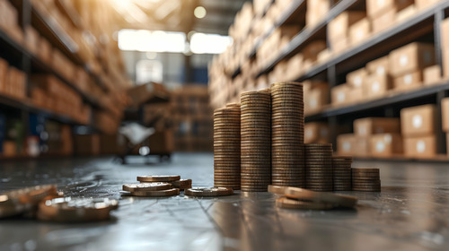 stacked coins in a warehouse