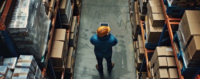 man inside warehouse with yellow hat holding ipad