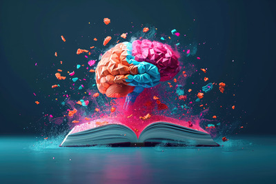 book with coloured brain coming out of it